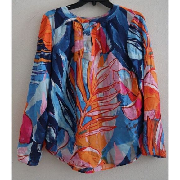 Nic+Zoe Women's Sz Small Blue Multi Tropical Mirage Print Woven Blouse Top $148 - Picture 1 of 8